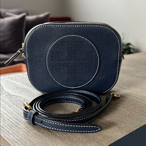 Tory Burch Blue Crossbody Camera Bag with Perforated Design